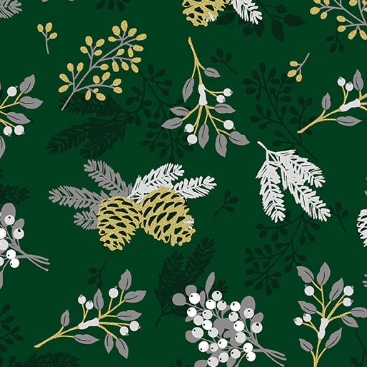 (5 yd) Benartex Holiday Sparkle Pinecones & Berries Green 12526M-44 (Metallic Accents)