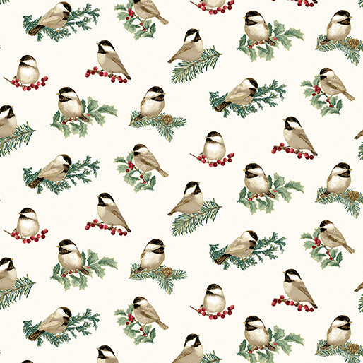 (3 yd) Benartex A Festive Medley Charming Chickadees Cream 13182M-07 (Metallic)