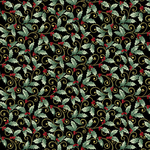 (3 yd) Benartex A Festive Medley Holly And Scroll Black 13188M-12 (Metallic Accents)