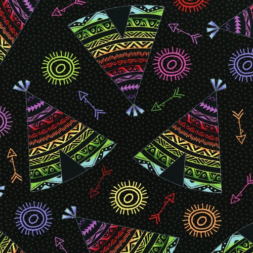 (2 yd) RJR Fabrics Pow Wow Wow 3329-3 Black Teepee Toss
