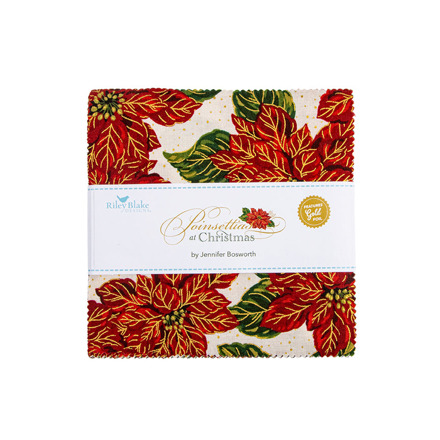 Charm Pack 5x5 Squares - Riley Blake Poinsettias at Christmas 5-inch Stacker - 40 5" Squares