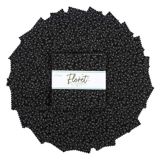 Charm Pack 5x5 Squares - Riley Blake Floret Black 5-inch Stacker - 40 5" Squares