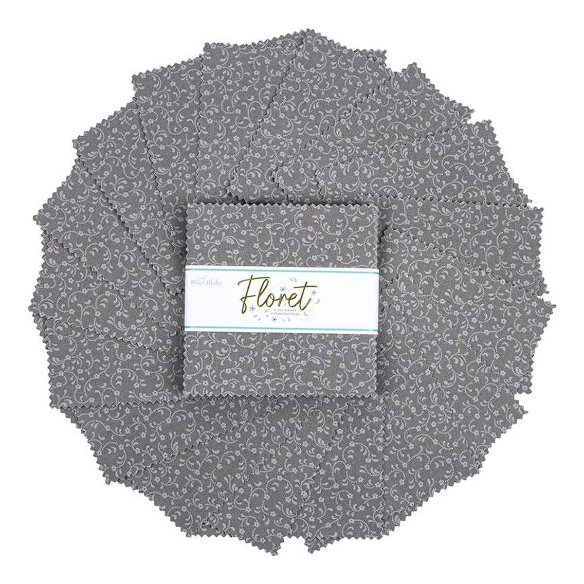 Charm Pack 5x5 Squares - Riley Blake Floret Gray 5-inch Stacker - 40 5" Squares