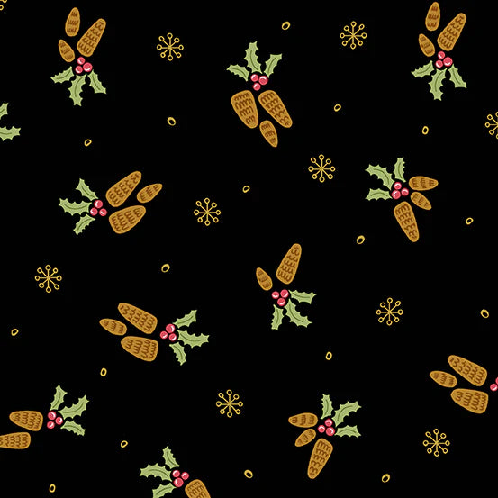 (4 yd) Andover/Makower UK Bird Humbug 174-MK Holly/Pinecones Black