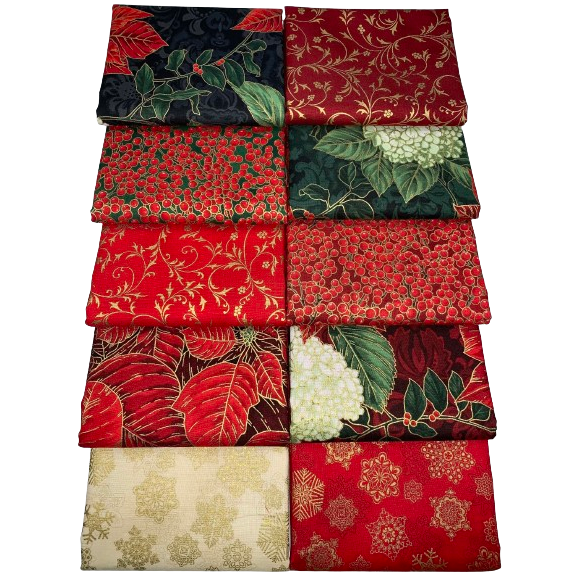 Robert Kaufman "Holiday Flourish Snow Flower" Red/Gold Half-Yard Bundle - 10 Fabrics, 5 Total Yards