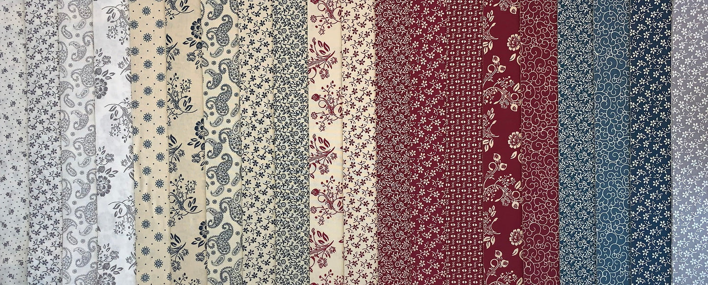 Vintage 1800s Repros - Claret/Blue 2.5" Roll - 20 Fabrics, 20 Total Strips