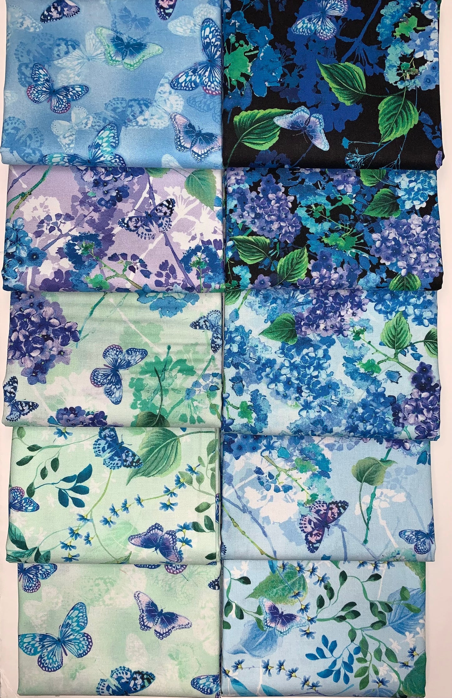 Benartex "Butterfly Bliss" (Butterflies & Hydrangeas) Half-Yard Bundle - 10 Fabrics, 5 Total Yards