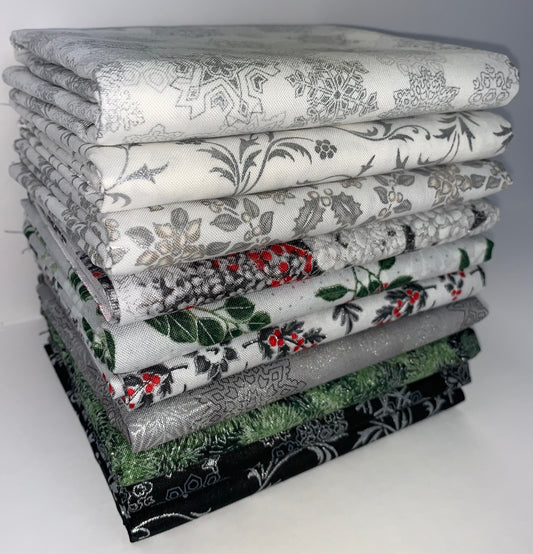 Robert Kaufman "Holiday Flourish Snow Flower" Black/Silver Half-Yard Bundle - 10 Fabrics, 5 Total Yards