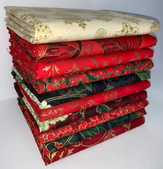 Robert Kaufman “Holiday Flourish Snow Flower” Red/Gold Half-Yard Bundle - 10 Fabrics, 5 Total Yards