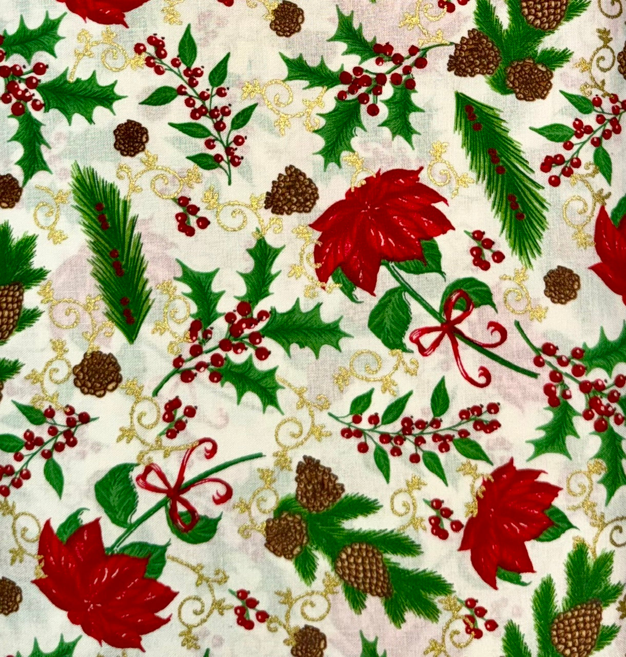 (5 yd) Choice Fabrics Merry Christmas Metallics Holly/Poinsettias 49684-M01