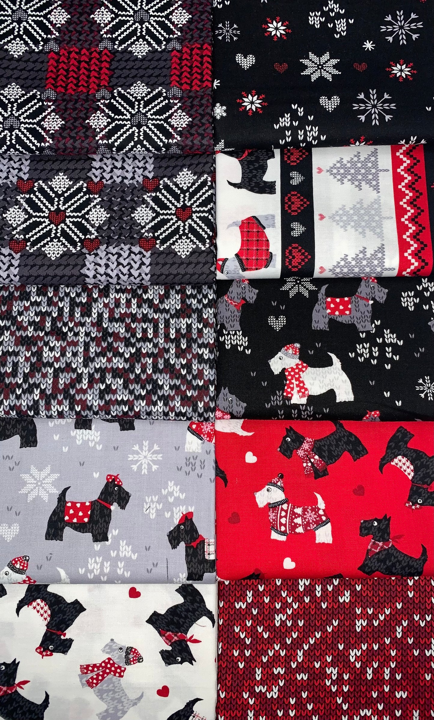 Benartex "Knit & Caboodle" (Christmas/Holiday Scotties) Half-yard Bundle - 10 Fabrics, 5 Total Yards