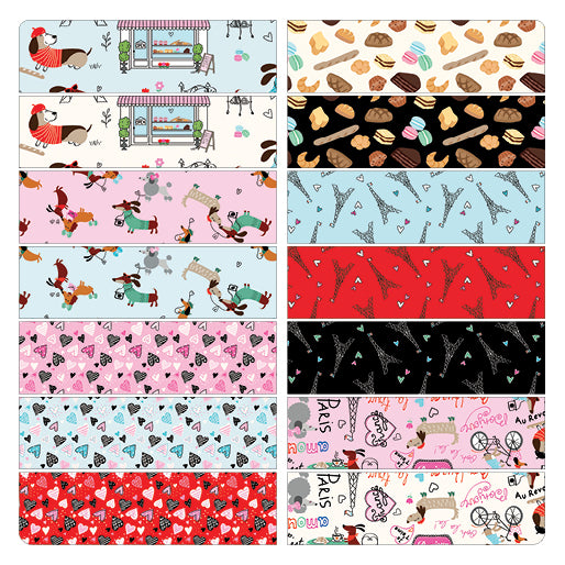 Charm Pack 5x5 Squares - Benartex Parisian Pups - 40 5" Squares