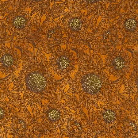 (3 yd) Robert Kaufman Autumn Fields SRKM-21577-170 Sienna Sunflowers (Metallic Accents)