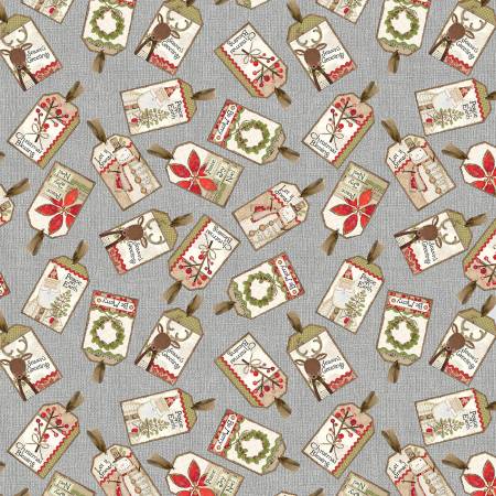 (1.5 yd) Benartex White Christmas Tossed Tags Grey 16265-13