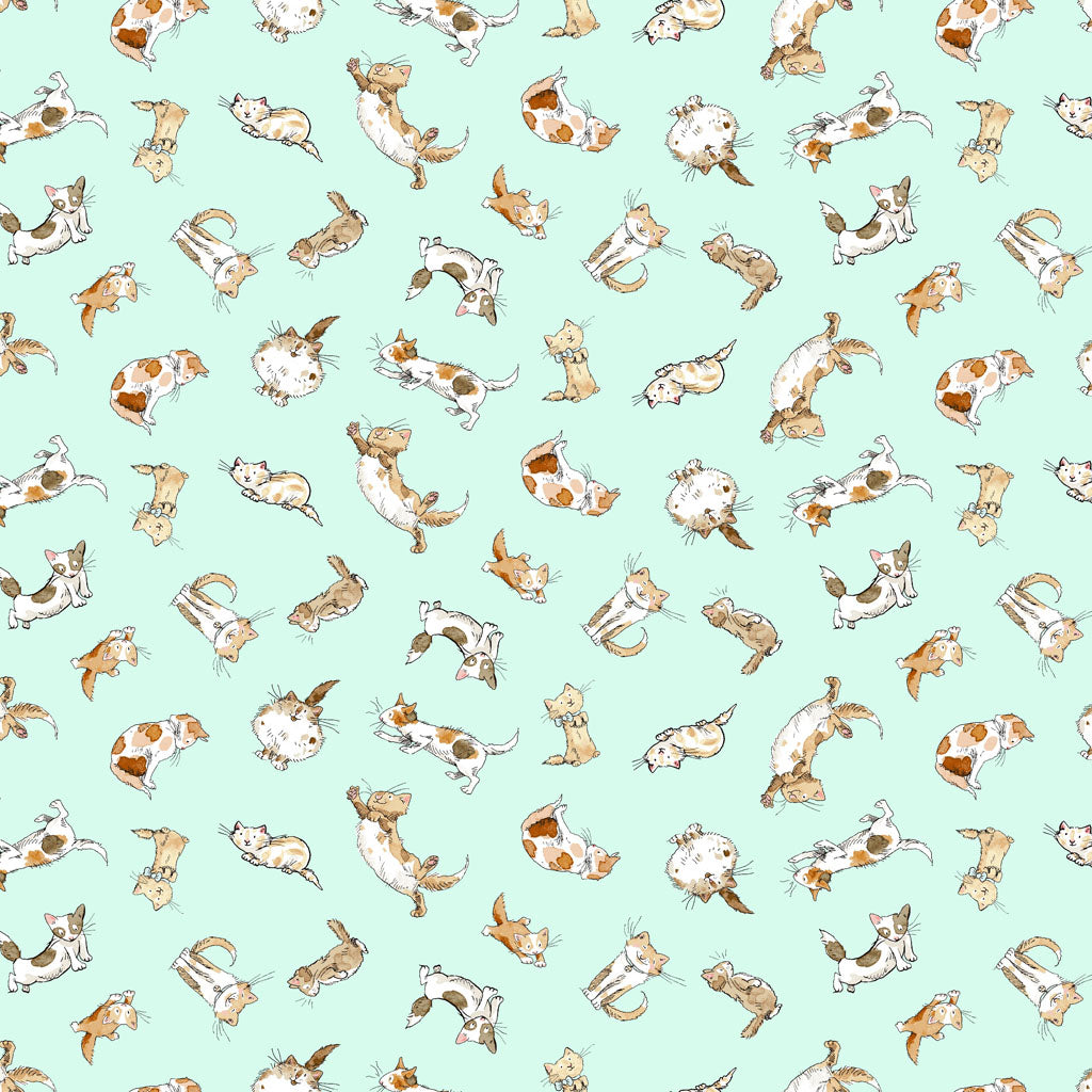 (5 yd) Clothworks What Friends Are For Light Turquoise Kittens Y4272-100