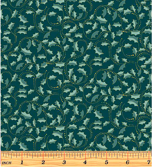 (3 yd) Benartex A Festive Medley Golden Leaf Scroll Dark Teal 2657M-84 (Metallic Accents)