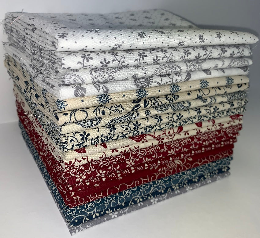 Vintage 1800s Repro - Claret/Blue Fat Quarter Bundle - 20 Fabrics, 20 Total Fat Quarters