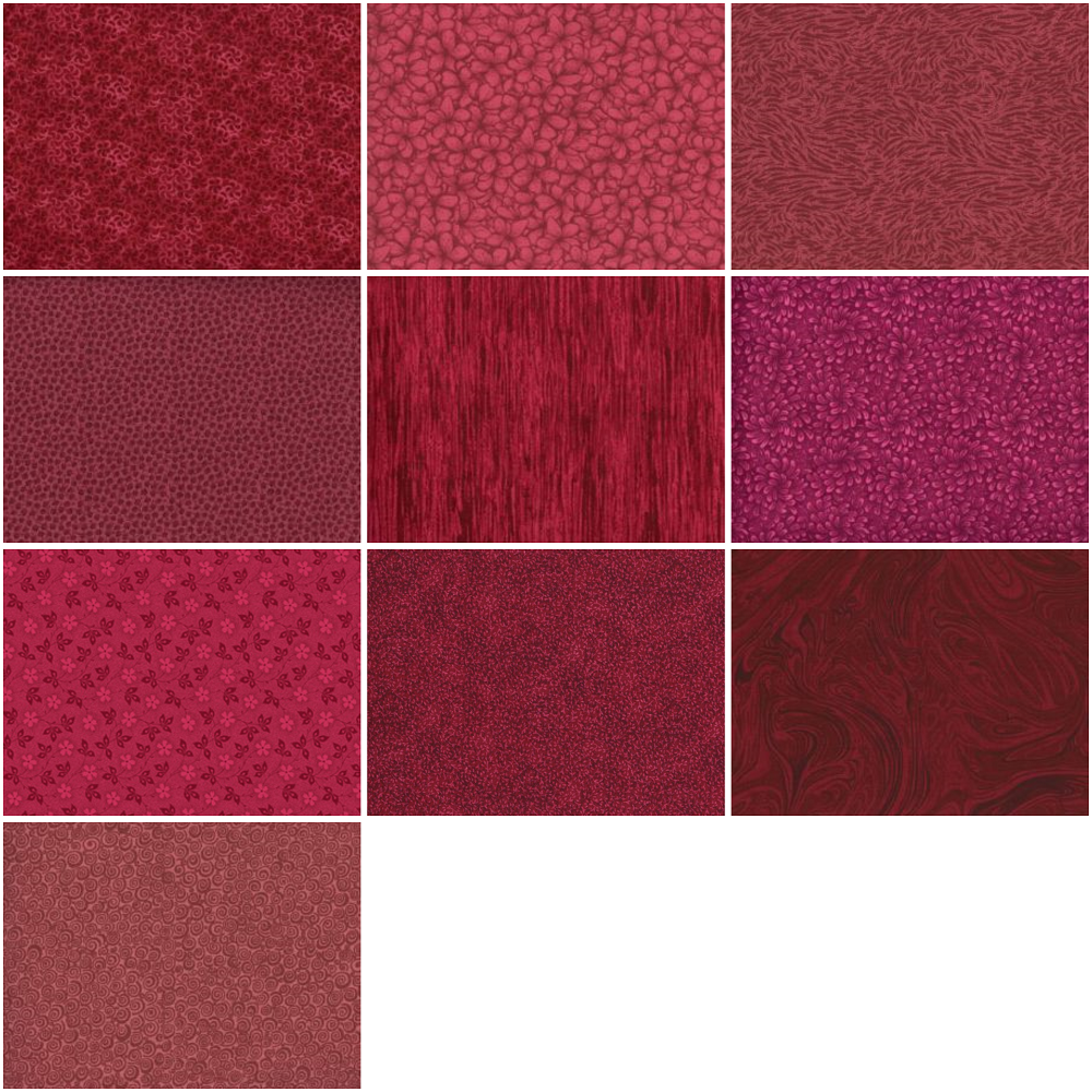 Basic Colors - Burgundy/Cranberry Half-yard Bundle - 10 Fabrics, 5 Total Yards