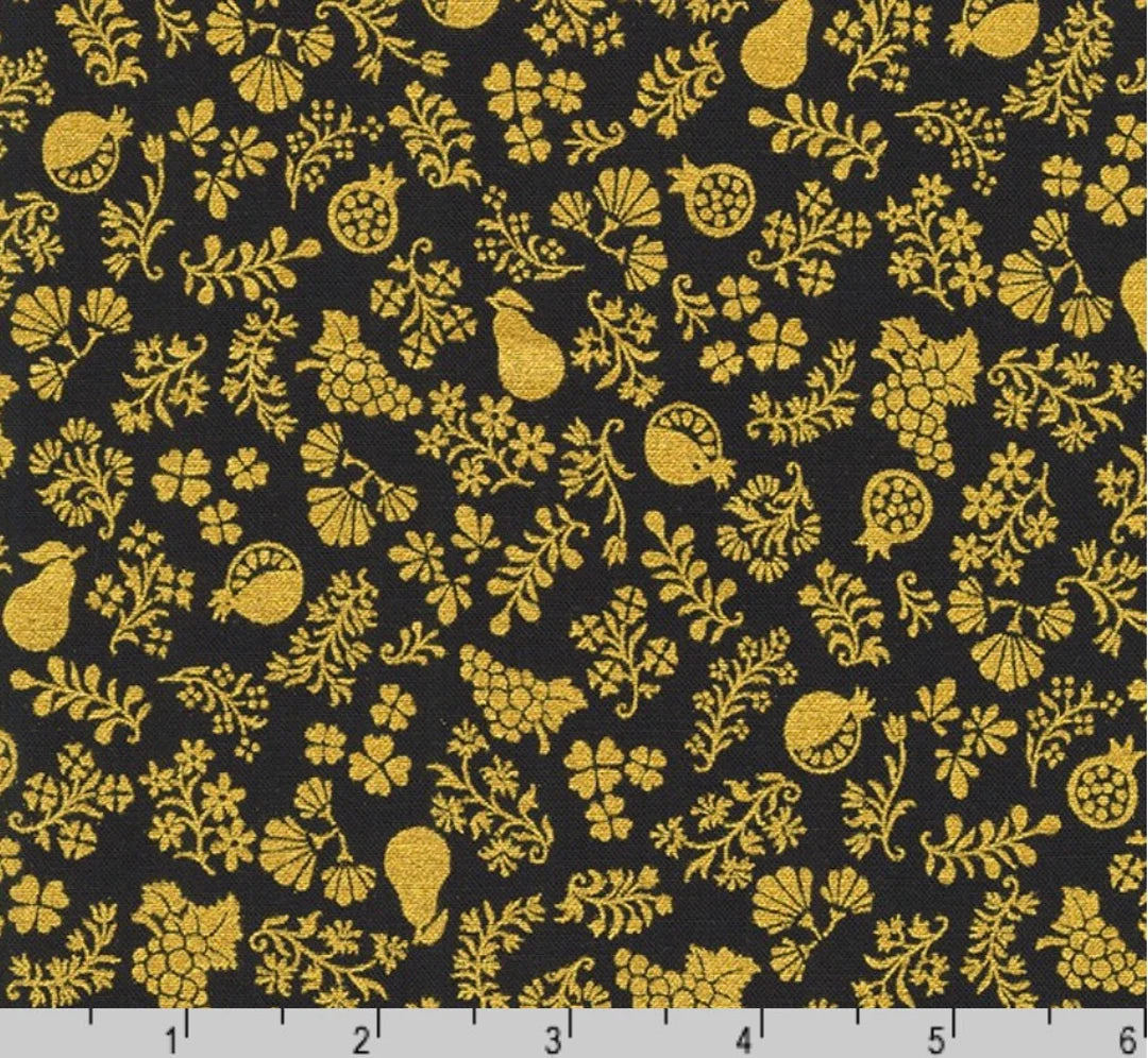 (3 yd) Robert Kaufman Nature's Harvest SRKM-20908-2 Black Fruit Sprigs Toss (Metallic)