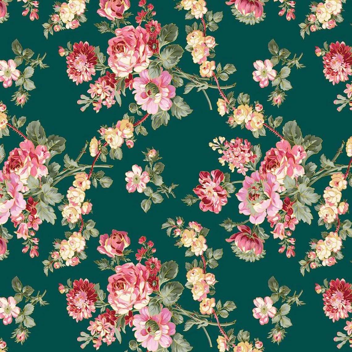 (3.5 yd) Benartex Promise Me Grandiflora Peacock 13556M-49 (Metallic Accents)