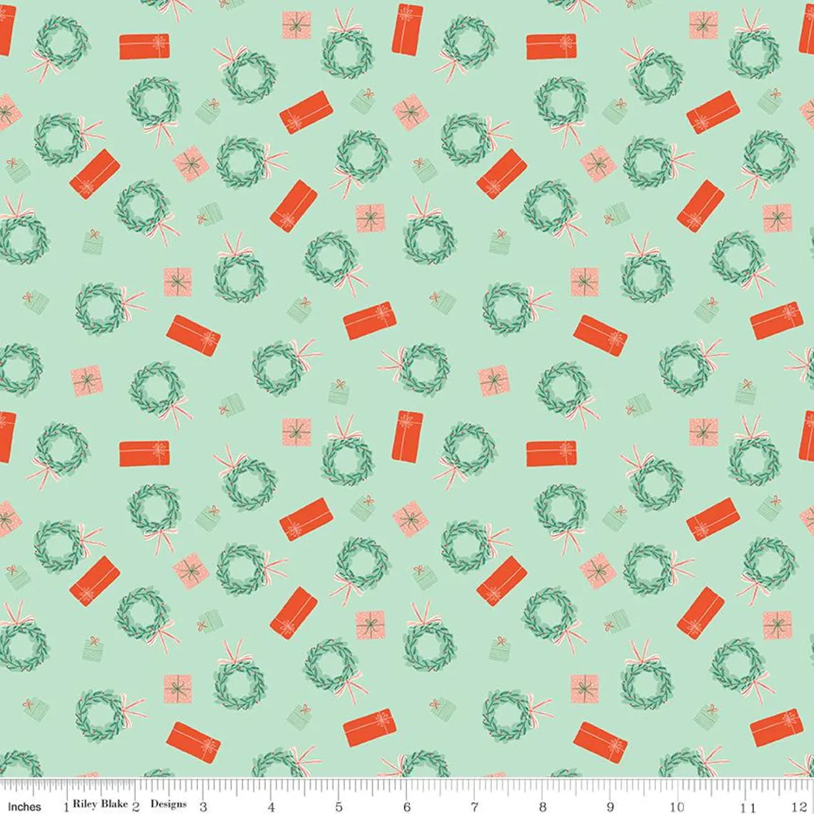 (5 yd) Riley Blake Holiday Cheer C13614 Mint Wreaths