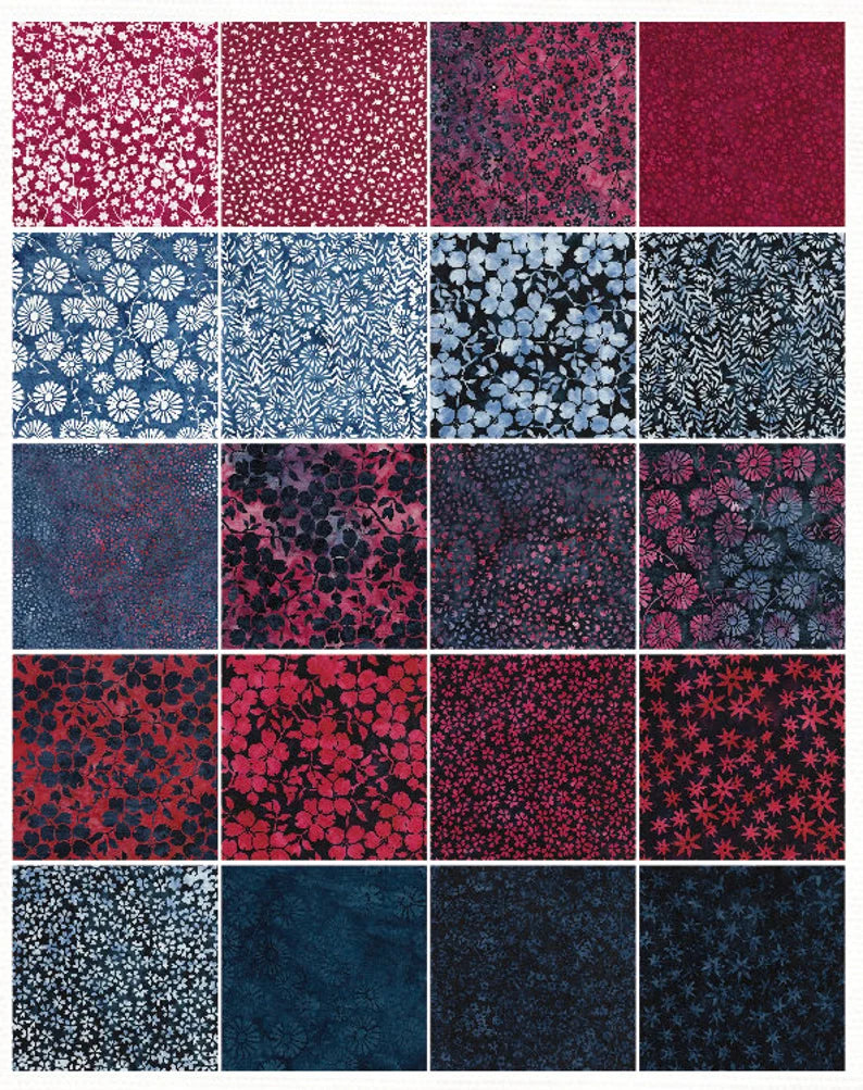 Island Batik - Red, White and Blooms - 20 Fabrics, 40 Total Strips