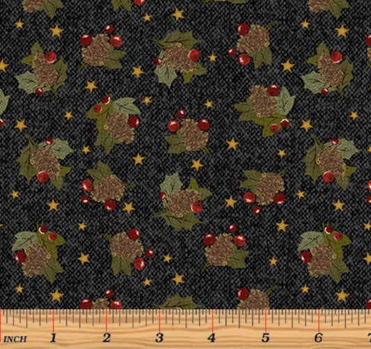 (6 yd) Benartex A Very Wooly Winter Pine Berries Black 10365-12