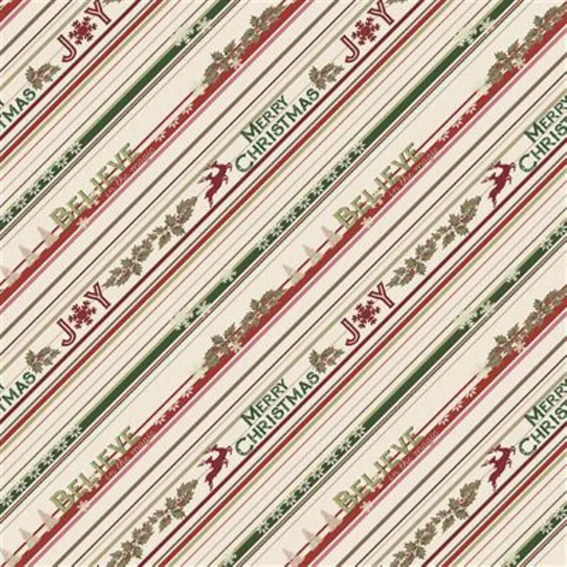(1.5 yd) Clothworks Better Not Pout Y3785-57 Cream Merry Christmas Stripe