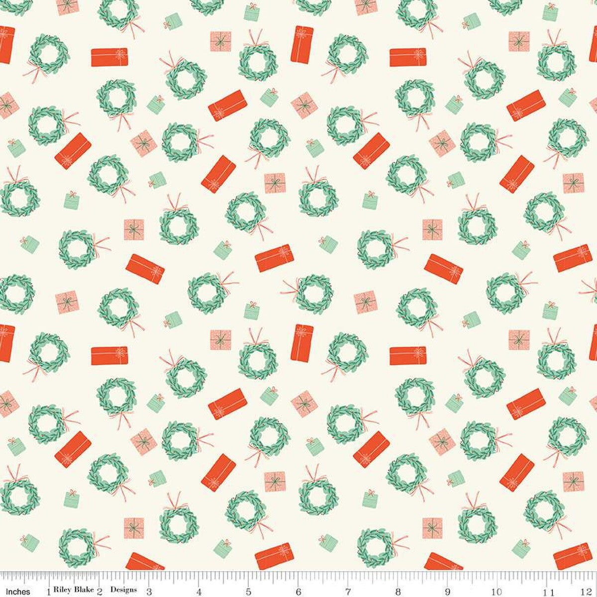 (5 yd) Riley Blake Holiday Cheer 13614 Cream Wreaths