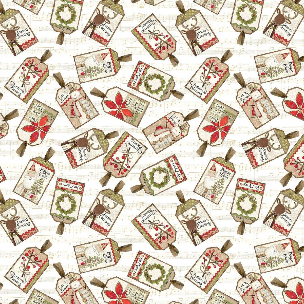(2 yd) Benartex White Christmas Tossed Tags Cream 16265-07