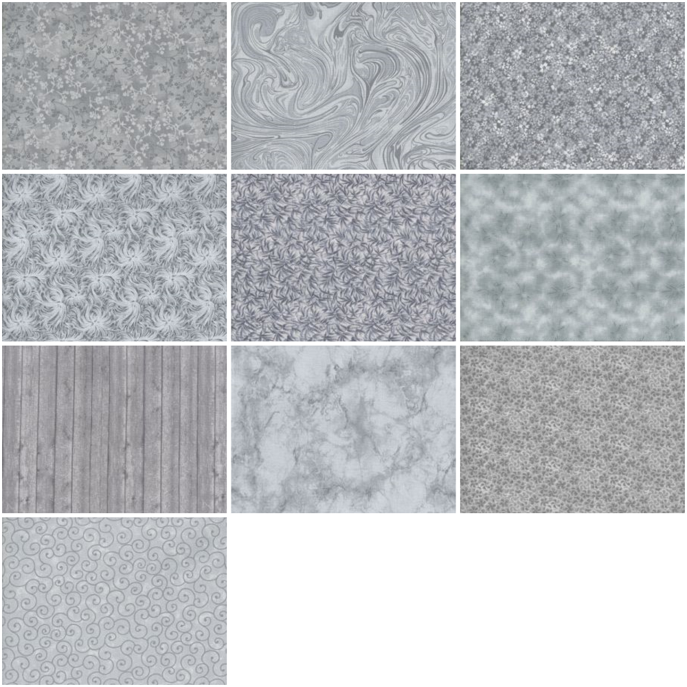 Basic Colors - Silver/Grey Half-yard Bundle - 10 Fabrics, 5 Total Yards