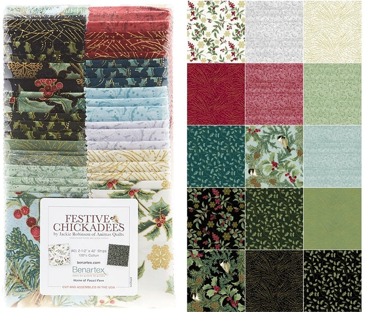 Benartex Festive Chickadees Strip-pies - 40 2.5" Strips Flat Pack