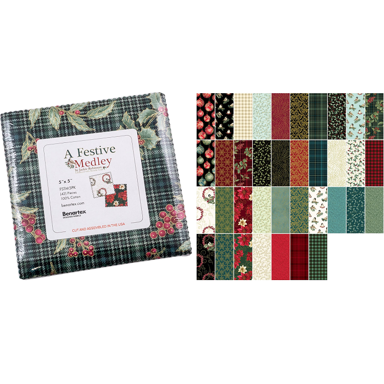 Charm Pack 5x5 Squares - Benartex A Festive Medley - 40 5" Squares