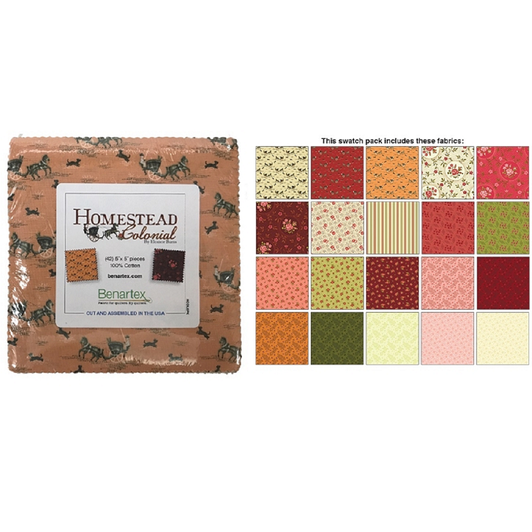 Charm Pack 5x5 Squares - Benartex Homestead Colonial - 40 5" Squares
