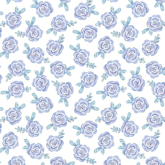 (7 yd) Benartex Dreamers Roses Blue/White 13411P-52 (Pearlized)