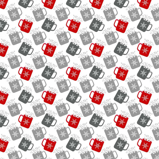(5 yd) Benartex Nordic Cabin Mugs Red/Grey 13420P-19 (Pearlized Accents)