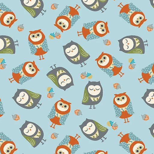 (1.5 yd) Benartex Hello Pumpkin Owl Family Light Blue 16288-05