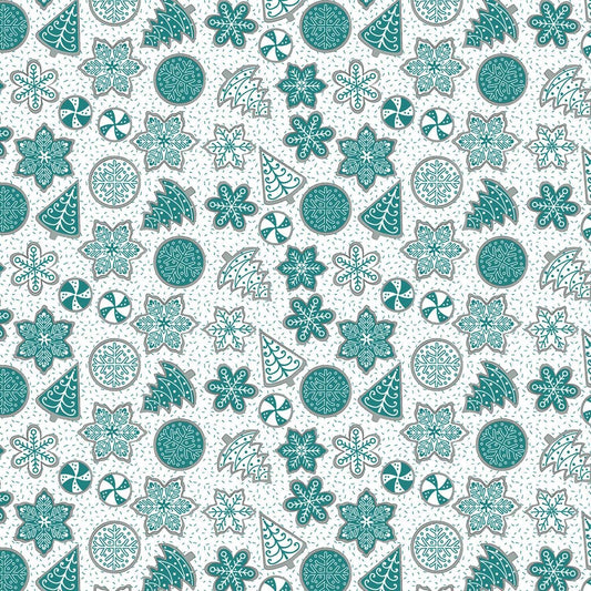 (3 yd) Benartex Nordic Cabin Cookies Teal 4589P-80 (Pearlescent Accents)