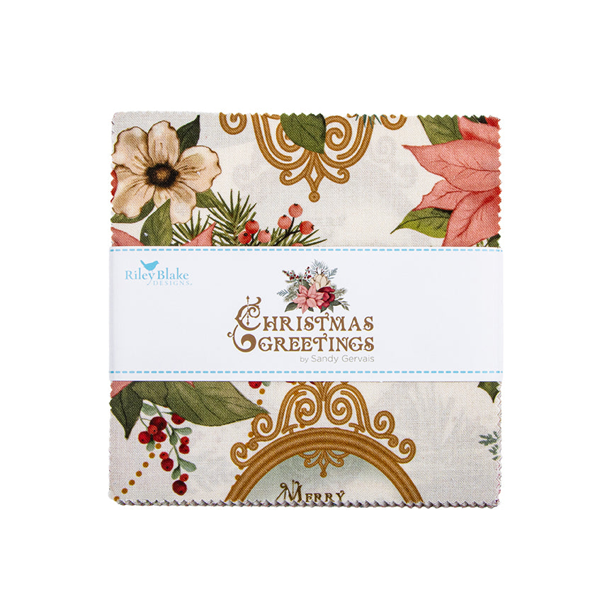 Charm Pack 5x5 Squares - Riley Blake Christmas Greetings 5-inch Stacker - 40 5" Squares