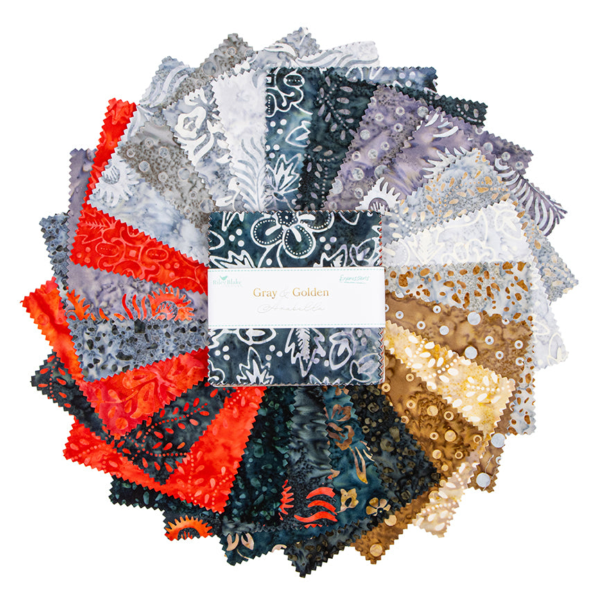 Charm Pack 5x5 Squares - Riley Blake Gray & Golden Arabella Batik 5-inch Stacker - 40 5" Squares