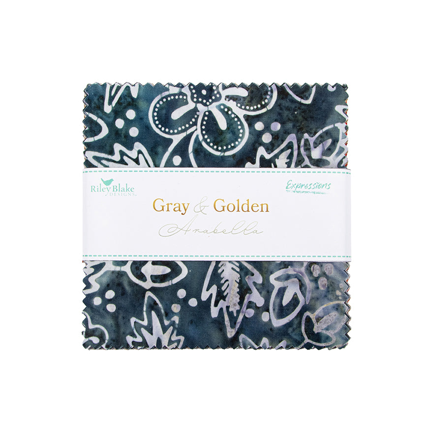 Charm Pack 5x5 Squares - Riley Blake Gray & Golden Arabella Batik 5-inch Stacker - 40 5" Squares