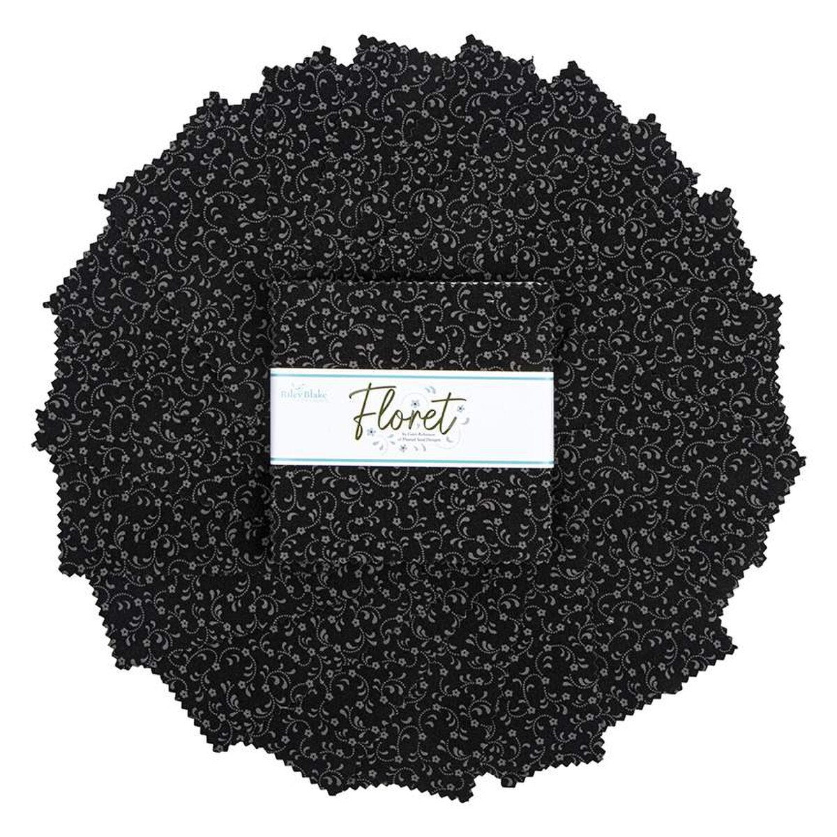 Charm Pack 5x5 Squares - Riley Blake Floret Black 5-inch Stacker - 40 5" Squares