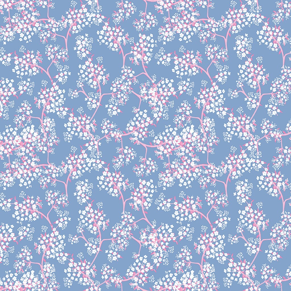 (5 yd) Clothworks Emily Blue 3958-90 Cherry Blossoms