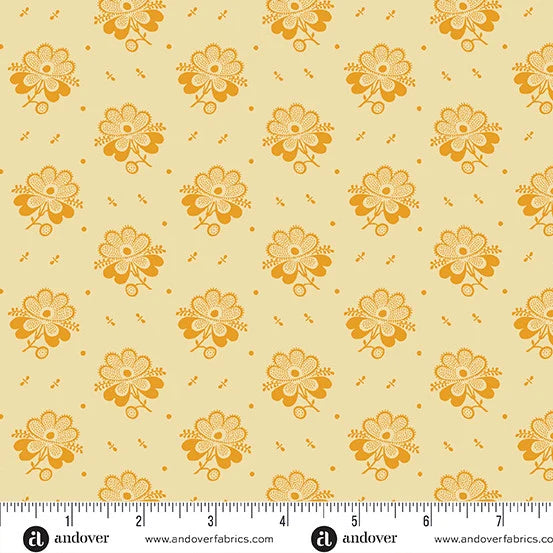 (3 yd) Andover/Makower UK Indigo Cheddar A-1143-L Picotage Floral Cream