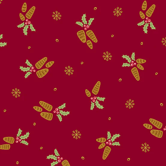(3.5 yd) Andover/Makower UK Bird Humbug 174-MG Cranberry Holly/Pinecone