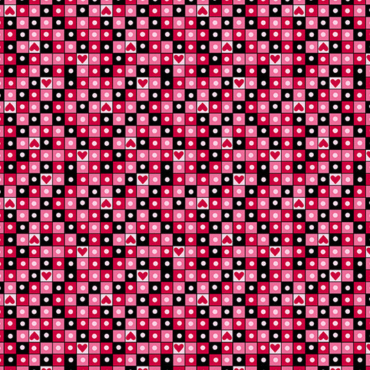 (4.5 yd) Andover/Makower UK Love Me Do A-474-K Heart Grid Black