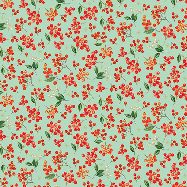 (4.5 yd) Andover/Makower UK Festive Foliage Berries Teal TP-2491-T (Metallic Accents)