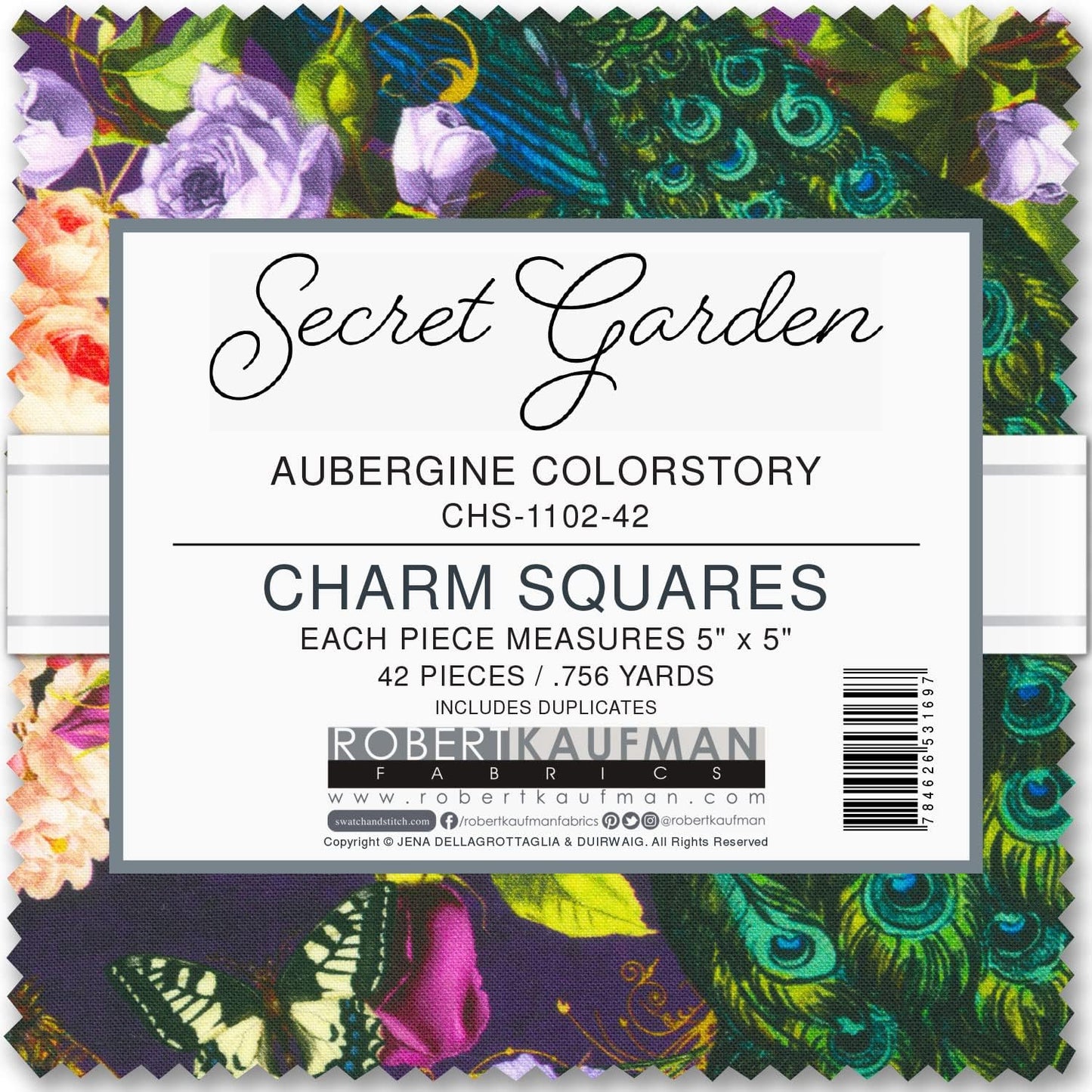 Charm Pack 5x5 Squares - Robert Kaufman "Secret Garden Aubergine Colorstory" - 40 5" Squares