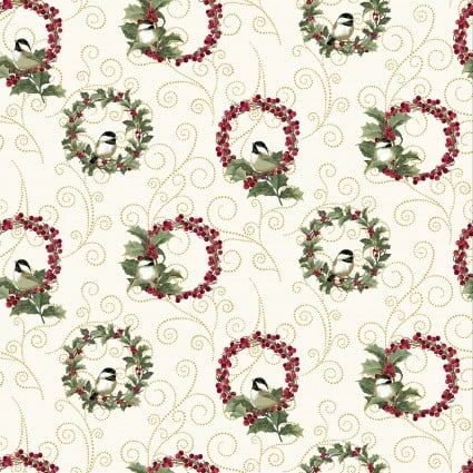 (4 yd) Benartex A Festive Medley Chickadee Wreaths Cream 13181M-07 (Metallic Accents)