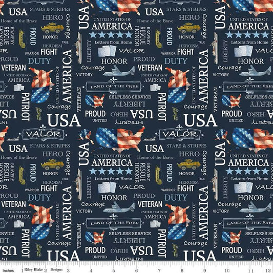 (2 yd) Riley Blake Letters From Home Words C15611 Navy